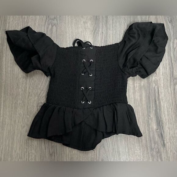 Trendy J’s Black On Off Shoulder Lace Up Front Pheasant Crop Top EPC - Picture 5 of 6